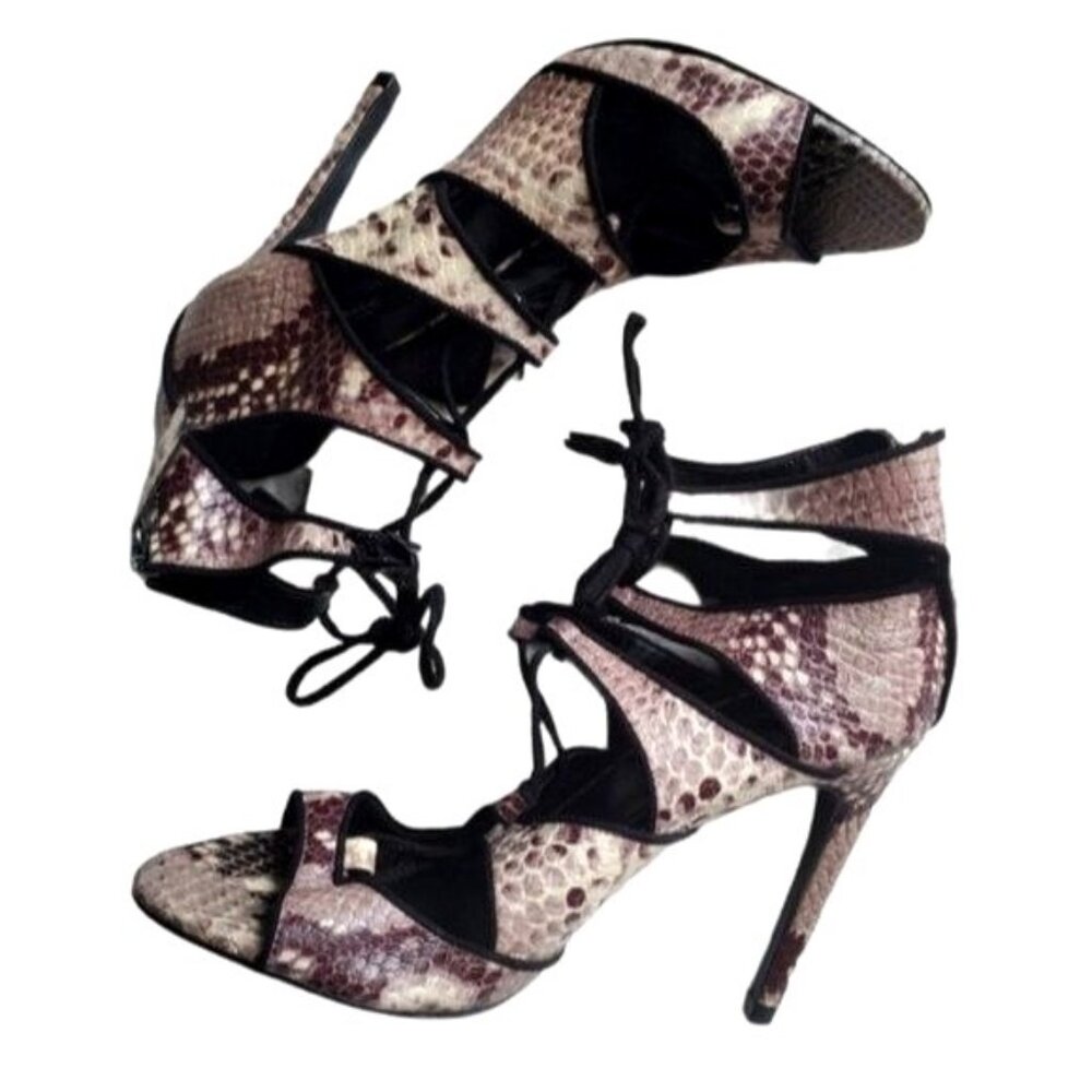 ZARA Women Heels EU 37 6.5 Snakeskin Animal Print Strap Tassel Open Toe Stiletto